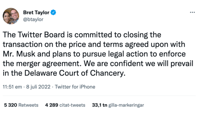 Twitters ordf stämmer Musk