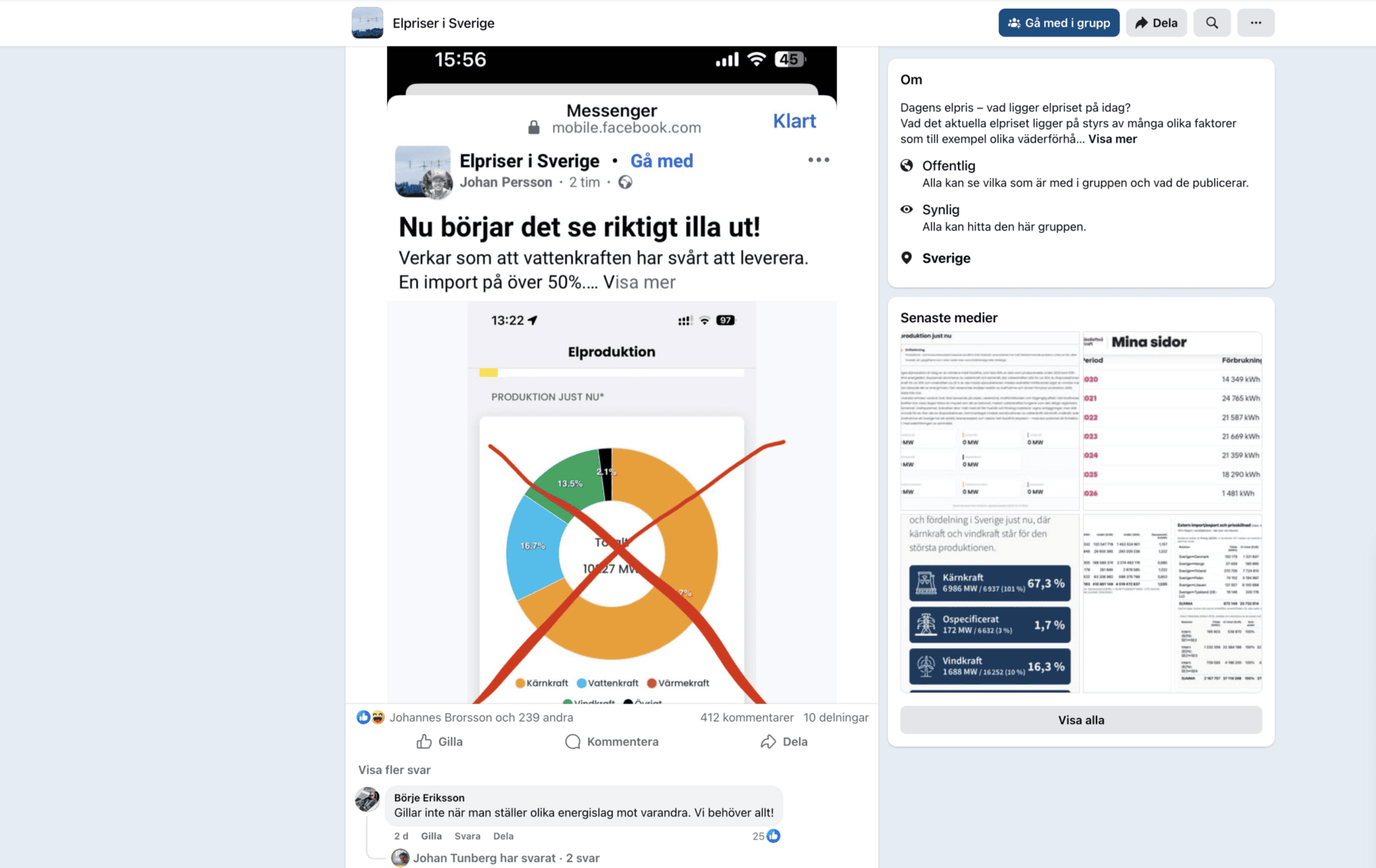 Skärmdump från Facebook-gruppen Elpriser i Sverige.